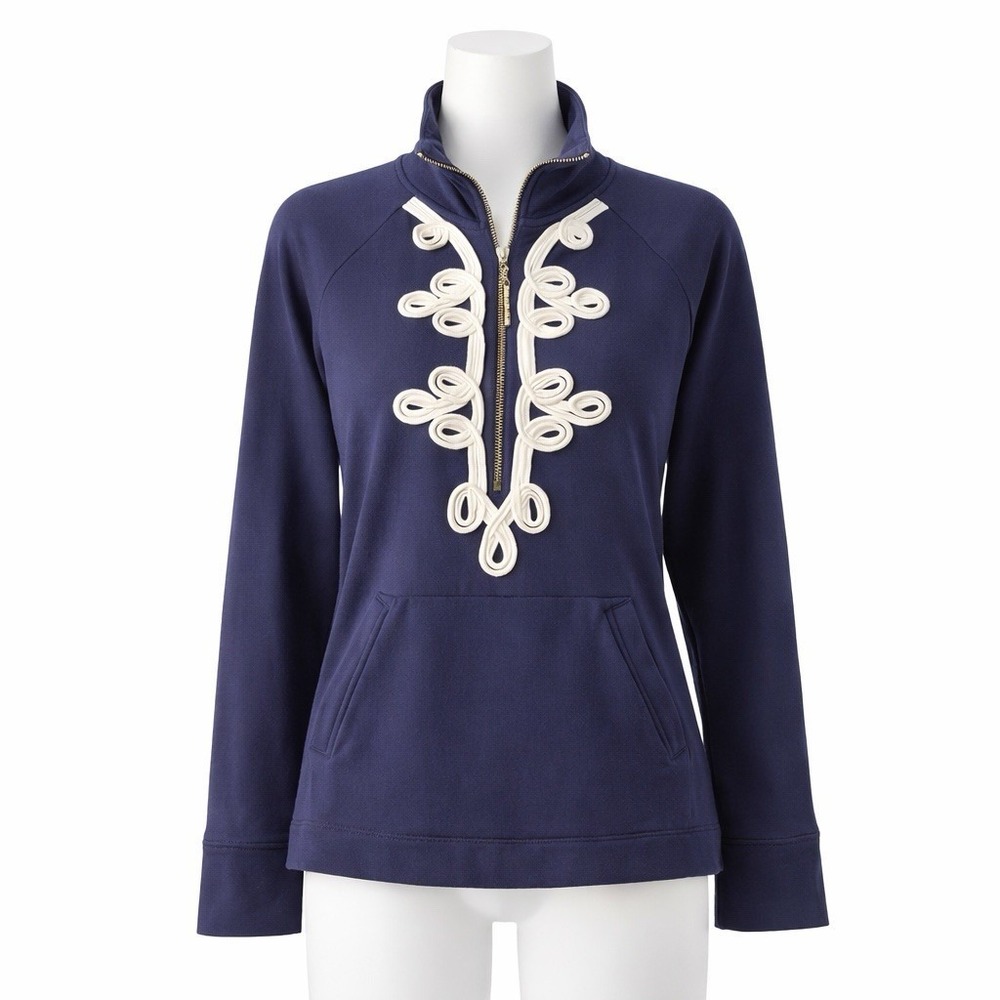 Lilly Pulitzer Pullover Medium 1/2 Zip Embroidered Skipper Popover Navy White